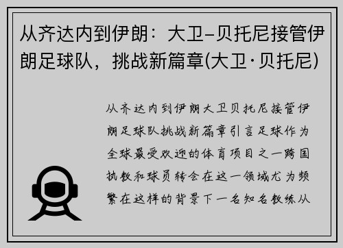 从齐达内到伊朗：大卫-贝托尼接管伊朗足球队，挑战新篇章(大卫·贝托尼)