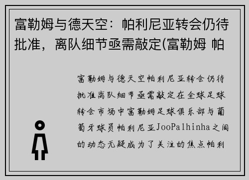 富勒姆与德天空：帕利尼亚转会仍待批准，离队细节亟需敲定(富勒姆 帕克)