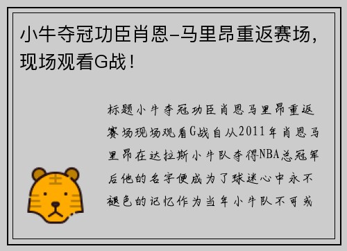小牛夺冠功臣肖恩-马里昂重返赛场，现场观看G战！