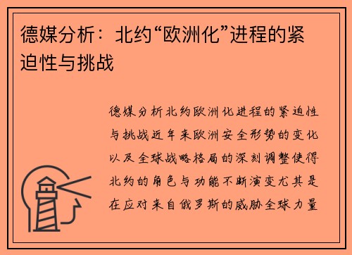 德媒分析：北约“欧洲化”进程的紧迫性与挑战
