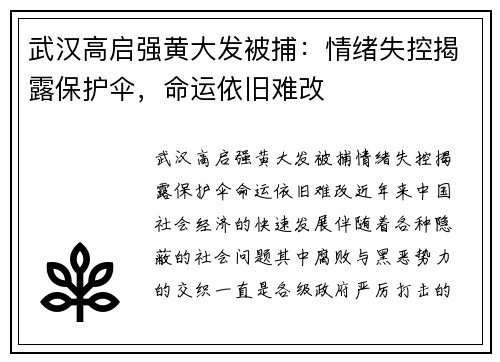 武汉高启强黄大发被捕：情绪失控揭露保护伞，命运依旧难改