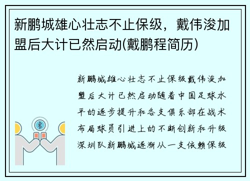 新鹏城雄心壮志不止保级，戴伟浚加盟后大计已然启动(戴鹏程简历)