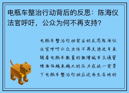 电瓶车整治行动背后的反思：陈海仪法官呼吁，公众为何不再支持？